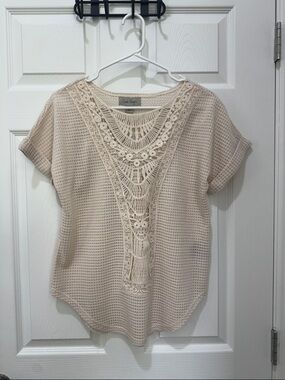 Charlie Paige Cream Crochet-Front Short Sleeve Knit Top